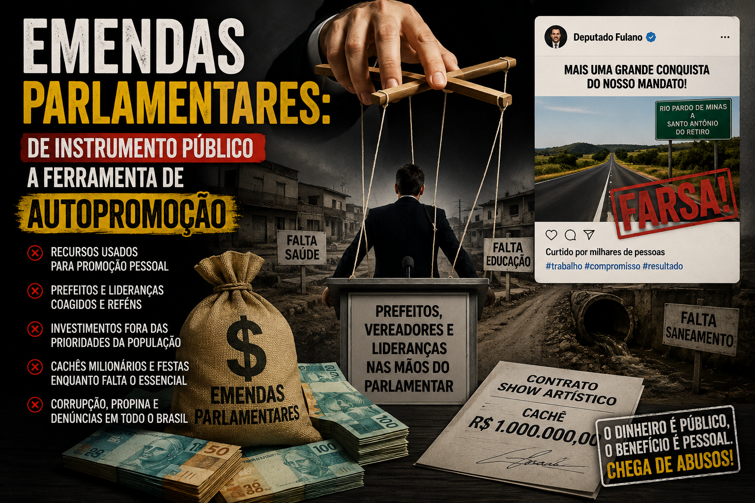 Outro ponto frequentemente debatido é a destinação inadequada de parte desses recursos. Enquanto setores essenciais enfrentam dificuldades, como saúde, saneamento, infraestrutura básica e geração de emprego, milhões de reais são destinados para eventos festivos e contratação de artistas com cachês milionários.