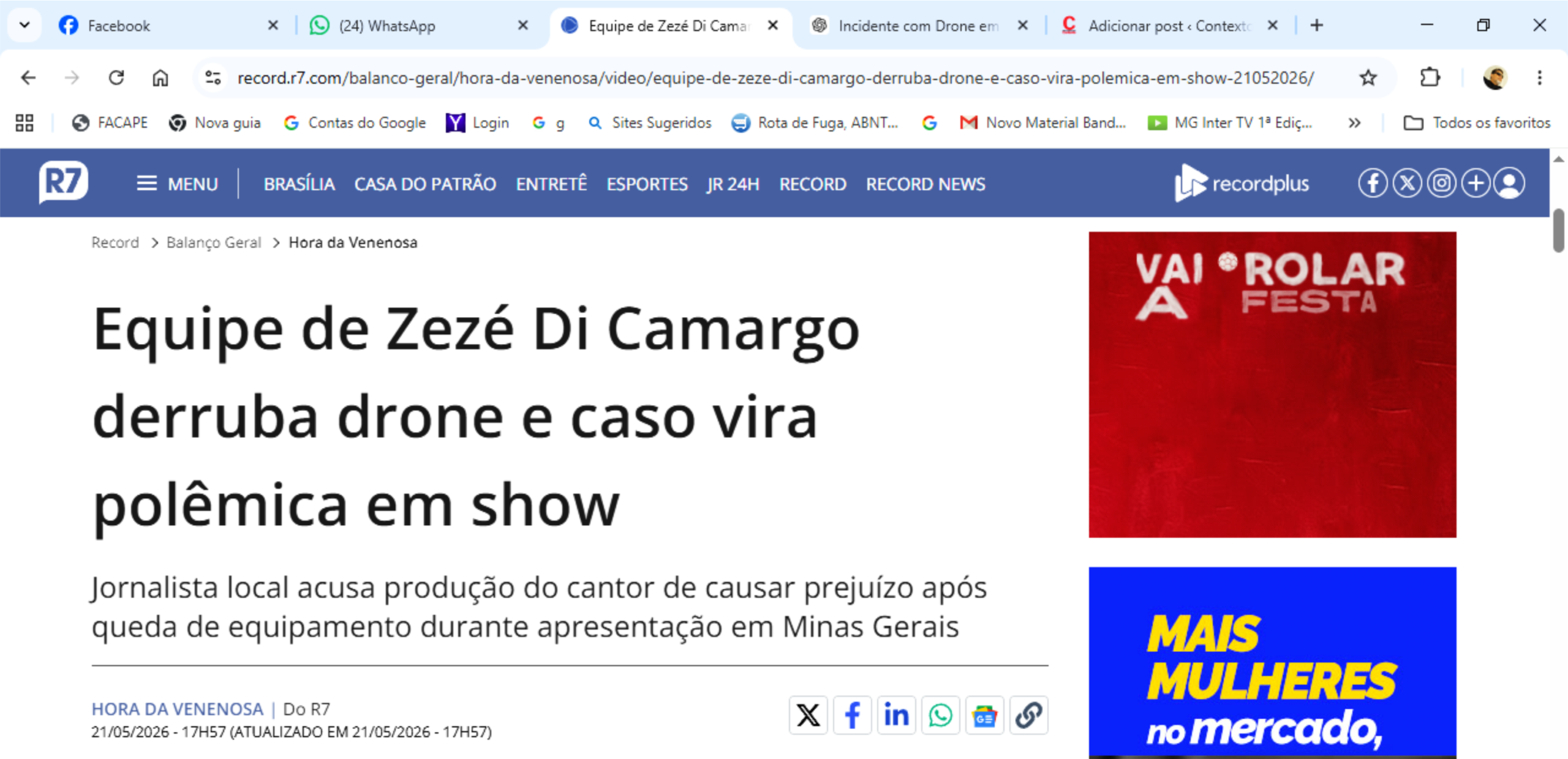 Durante a cobertura aérea do evento, um integrante da produção do show acabou derrubando meu drone. De forma tranquila e respeitosa, me dirigi até os bastidores do palco apenas para recolher o equipamento, que infelizmente estava danificado. Em nenhum momento houve discussão, agressividade ou qualquer tipo de conflito da minha parte, fato presenciado por várias testemunhas.